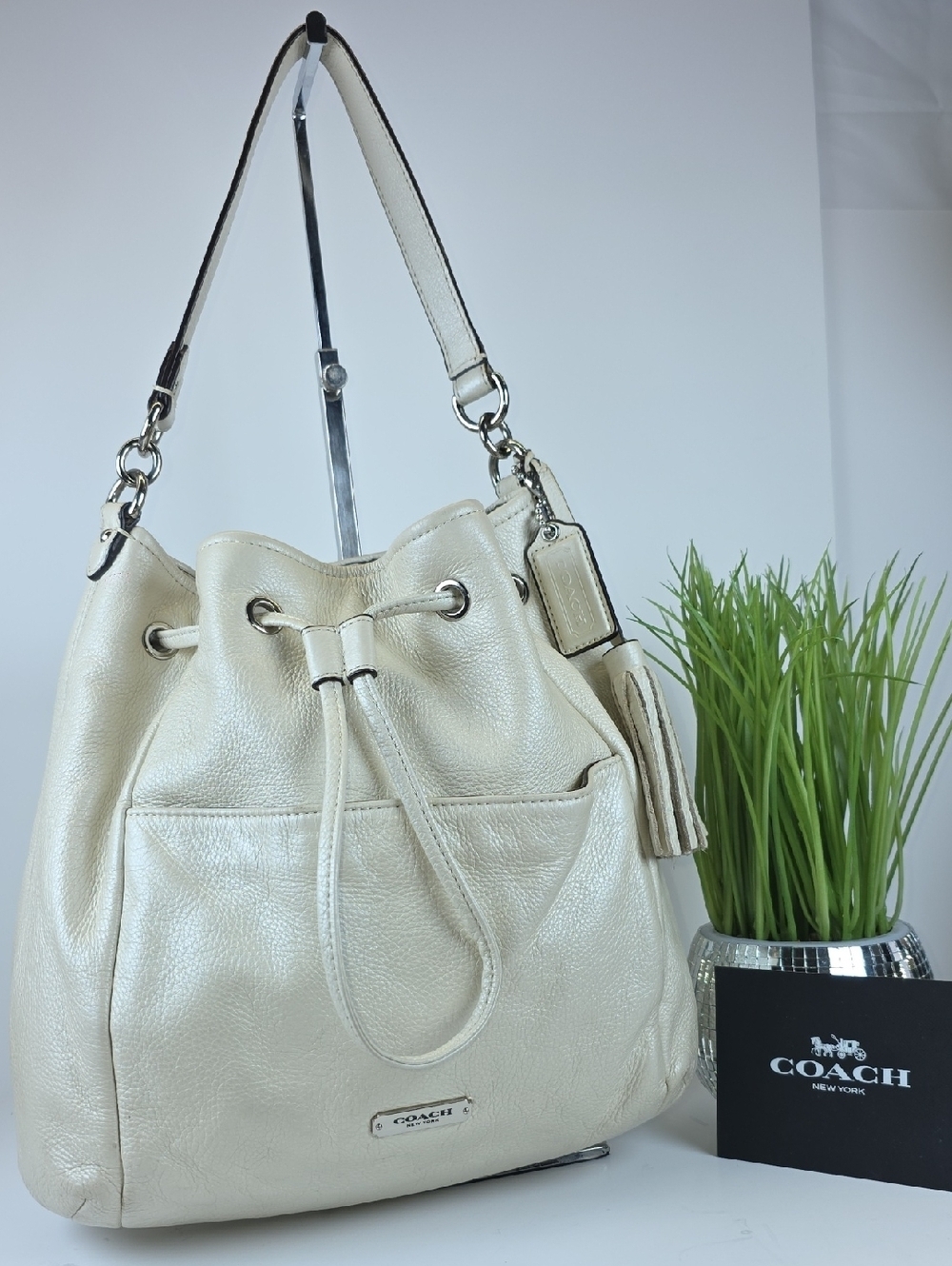 Coach Avery White Pearl Metallic Pebbled Leather Drawstring Bucket Shoulder Bag